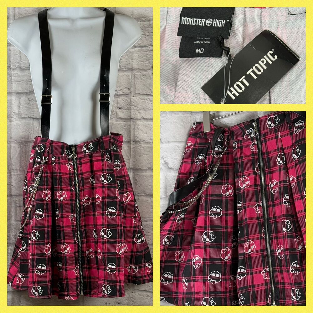 Monster High Hot Topic Suspender Skirt Pink Plaid Zip Front Skullette Logo NWT